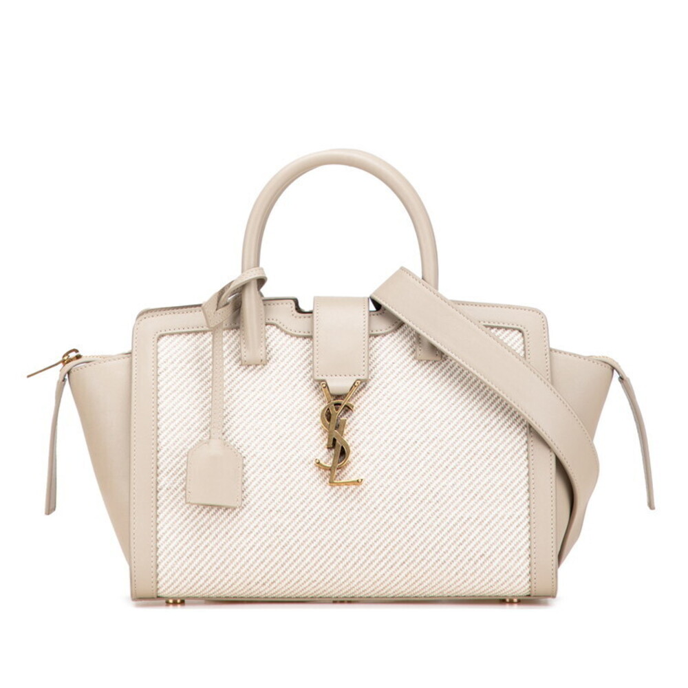 Saint Laurent Downtown Handbag Shoulder Bag Greige Brown Gray Canvas Leather